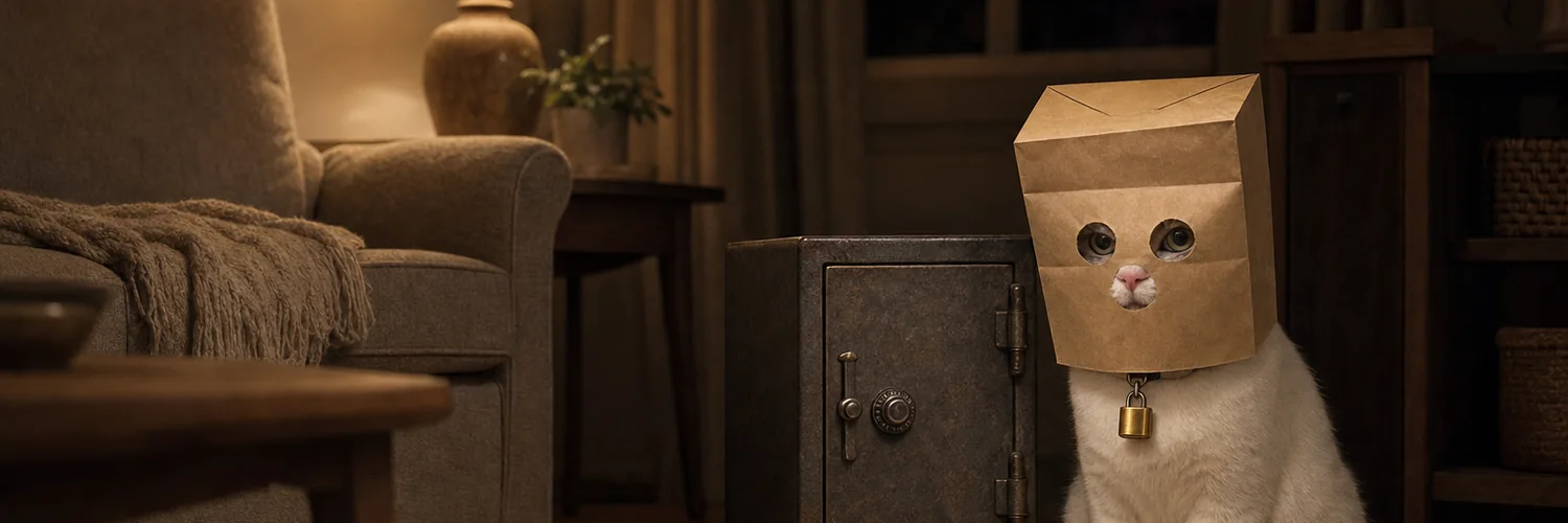 Padlocat beside an old steel safe in a lamplit room, the padlock on his paper bag