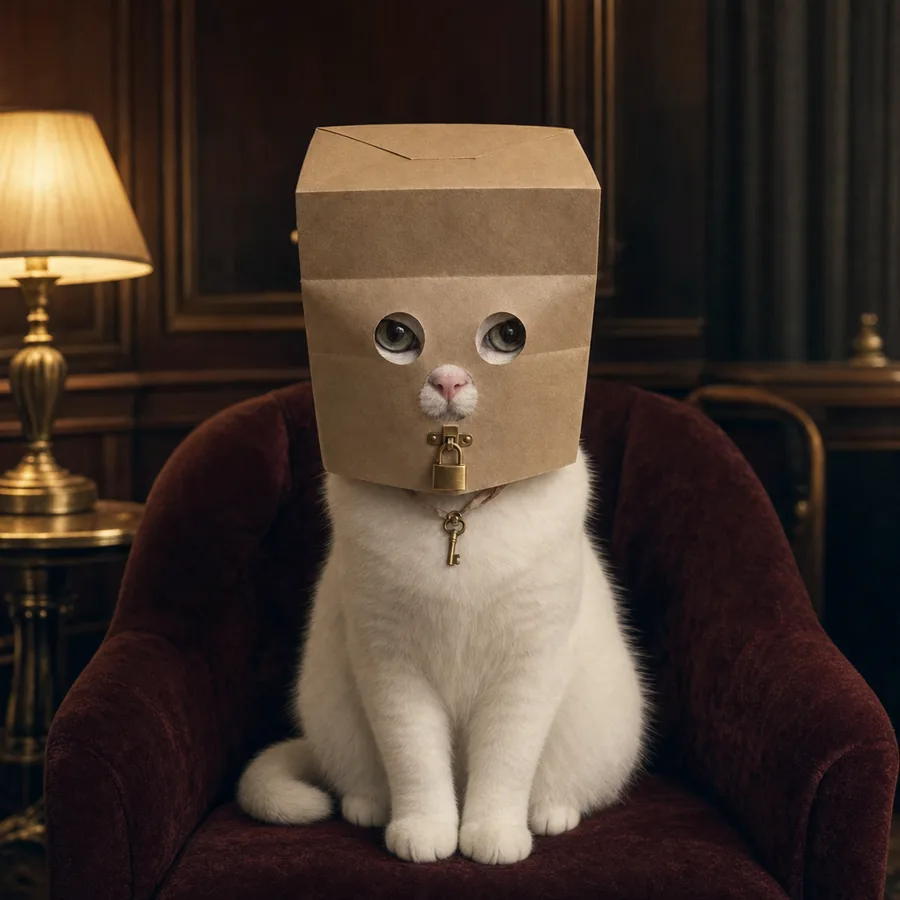 Padlocat, a white cat with a padlocked paper bag on his head, sitting calmly in a dim hotel room